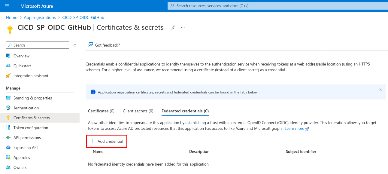 Adding federated credentials to an Azure application.