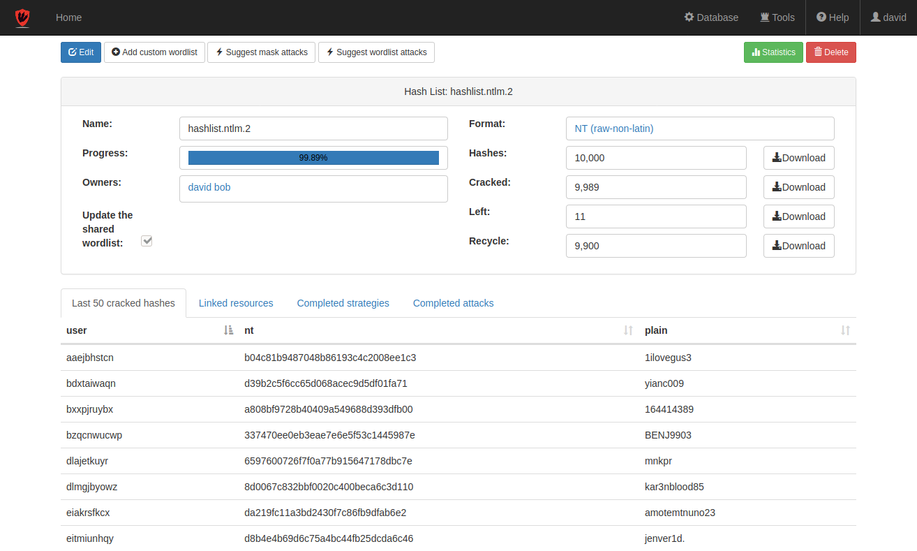 hashlist with results