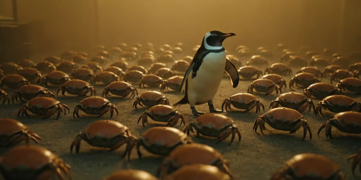 image of a penguin surrounded by crabs