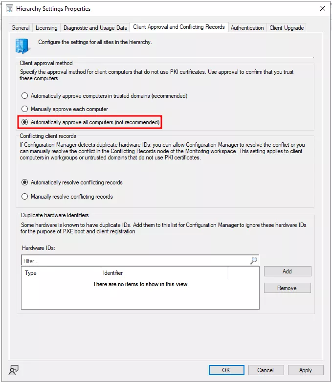 SCCM automatic device approval