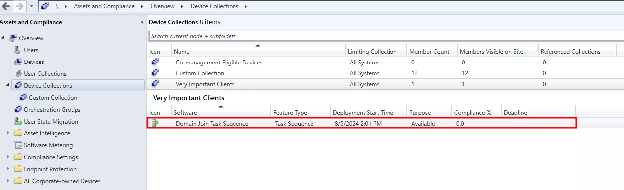 Domain Join Task Sequence associated with the "Very Important Clients" collection.