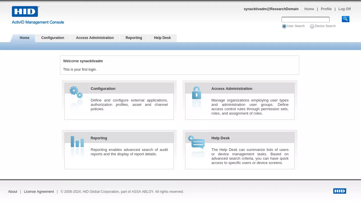 Authentication using the synacktivadm account.