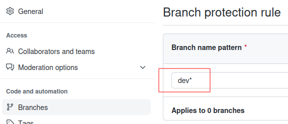 Branch protection rule applying to dev* branches.