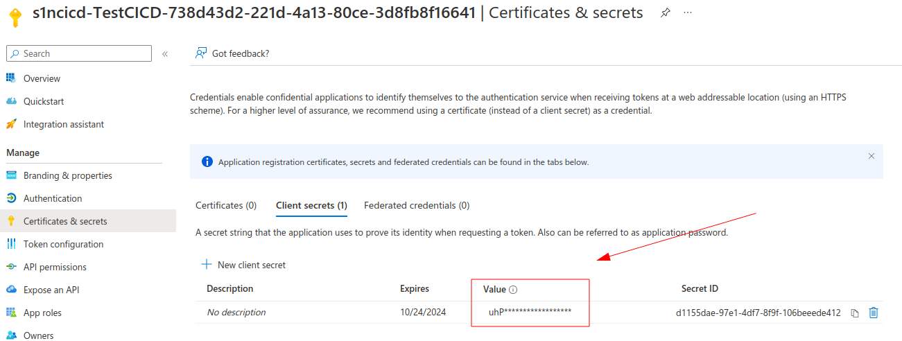 Client secret in Azure portal.