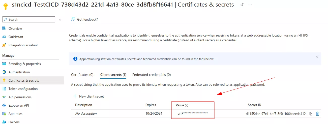Client secret in Azure portal.