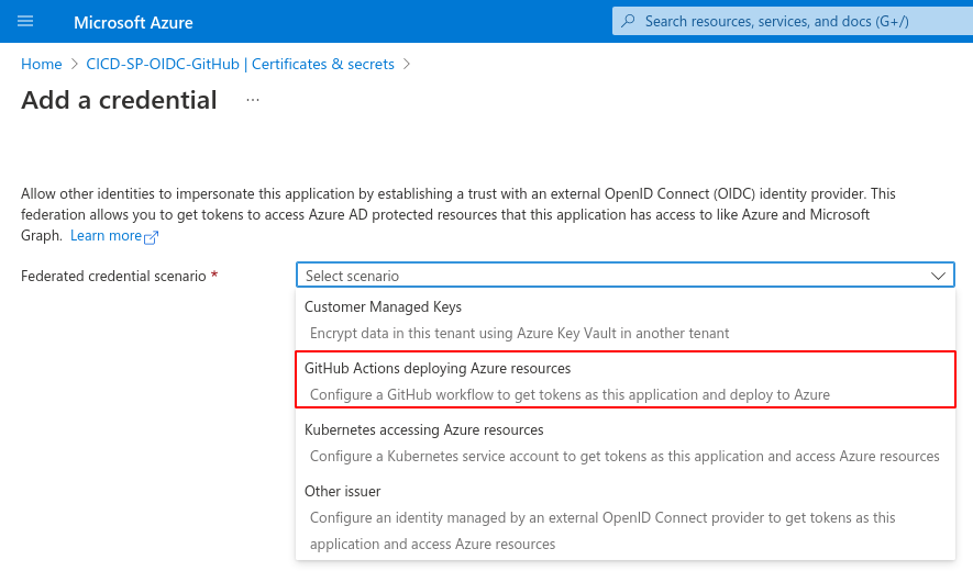 Choosing GitHub Actions for federated credentials.