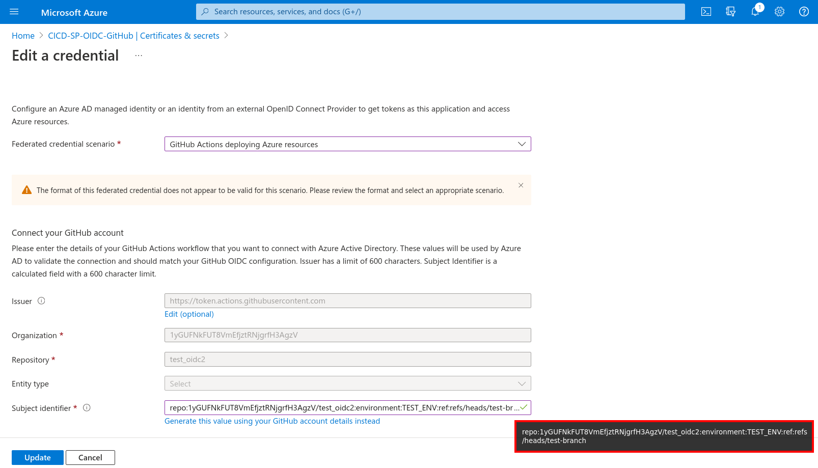 Specifying the subject identifier for the federated credentials.