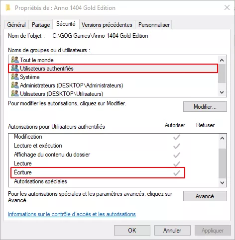 ACL du répertoire d'installation