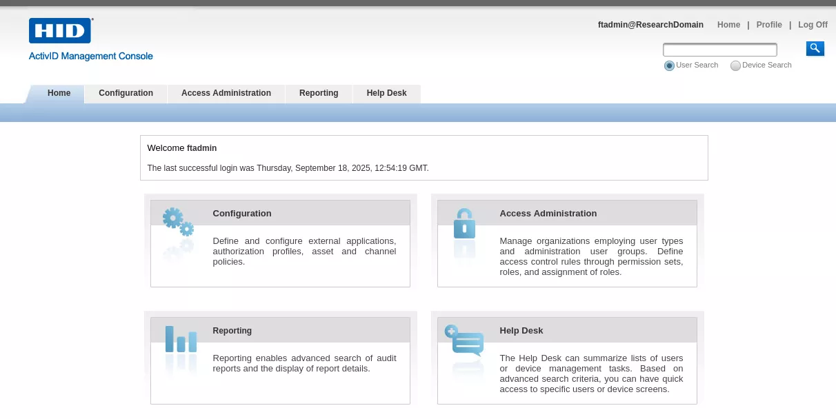 Authenticated as ftadmin
