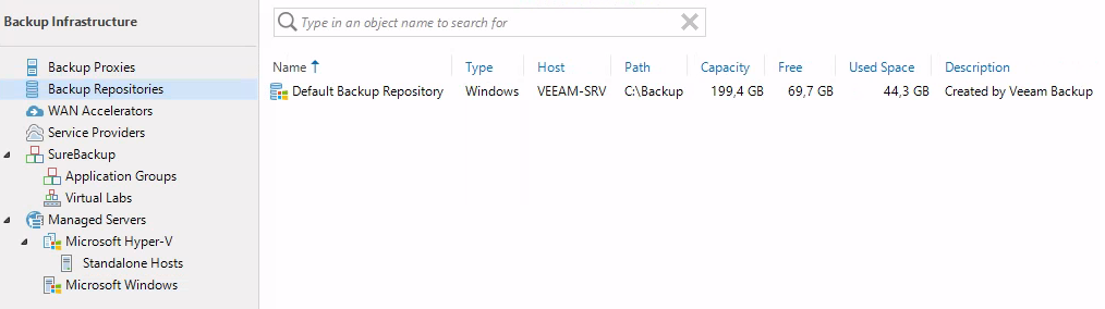 The "Backup Infrastructure" menu of Veeam showing the Default Backup Repository.
