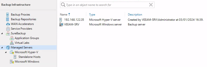 The "Backup Infrastructure" menu of Veeam showing the list of Managed Servers.