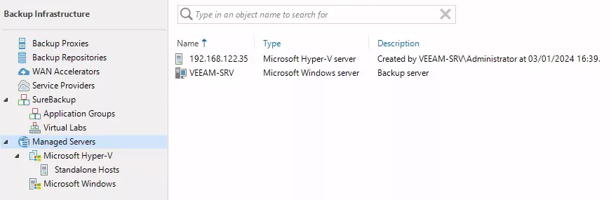 The "Backup Infrastructure" menu of Veeam showing the list of Managed Servers.