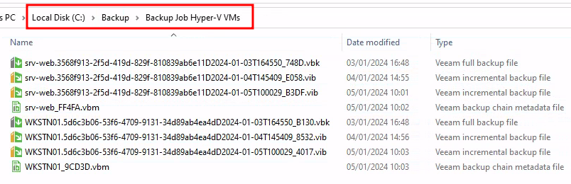 Windows file explorer showing a list of VBK and VIB files inside the folder C:\Backup\Backup Job Hyper-V VMs