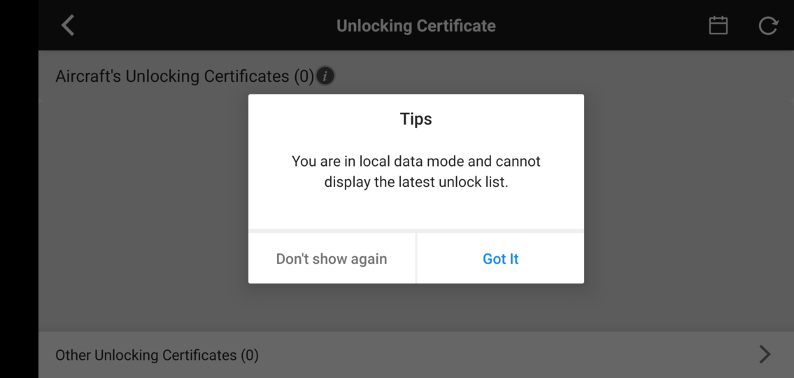 Screenshot of a non blocking message indicating that the unlock certificates cannot be updated during LDM