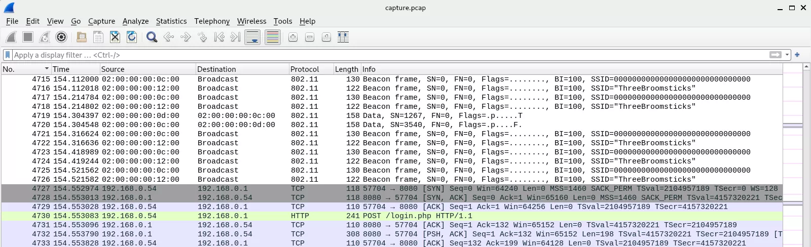 Exemple de capture Wireshark d'un trafic Wi-Fi ouvert.