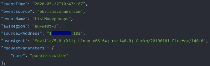 Détails de l'événement eks CloudTrail ListNodegroups