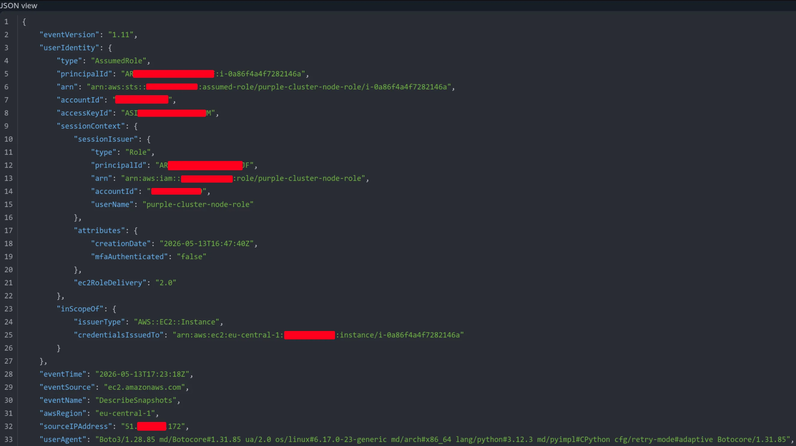 Activité de découverte CloudTrail depuis une identité de node volée
