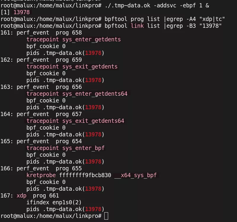 Detection of eBPF links associated with LinkPro