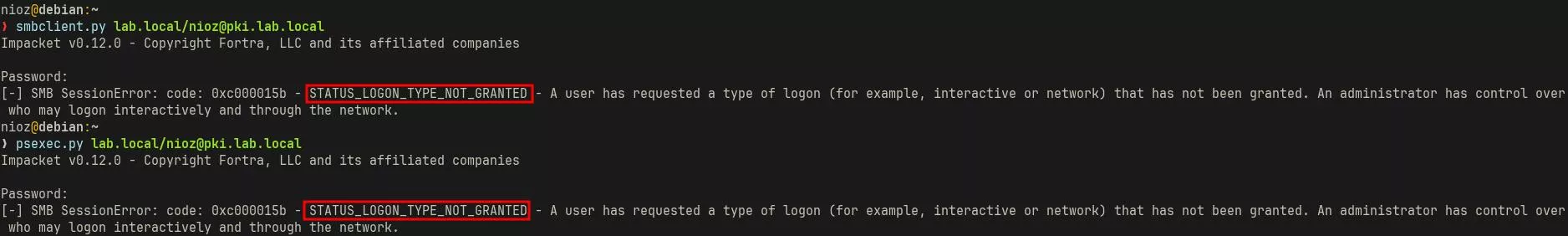 User 'nioz' denied from accessing a machine because of insufficient logon rights