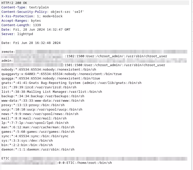 Path traversal result with the content of /etc/passwd