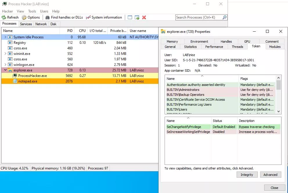 Access token du processus explorer.exe
