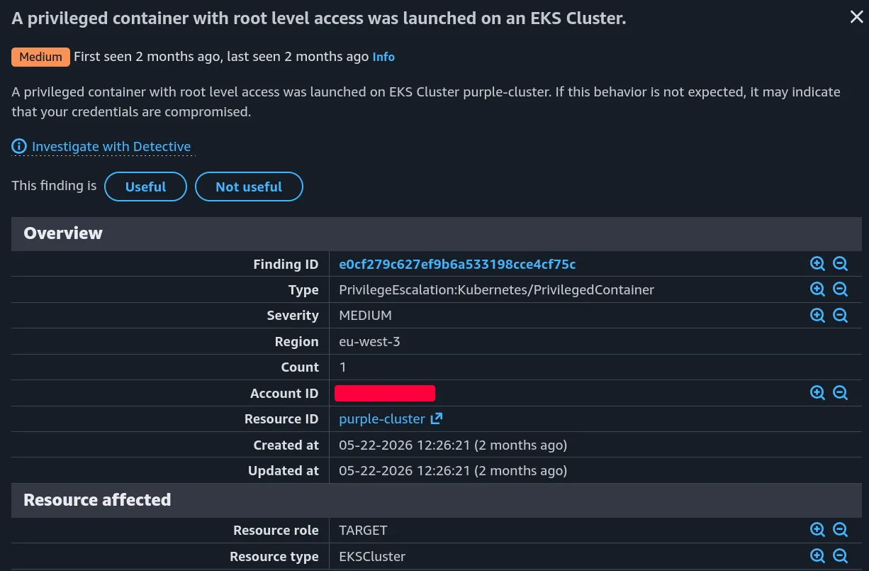 Un finding GuardDuty PrivilegeEscalation:Kubernetes/PrivilegedContainer