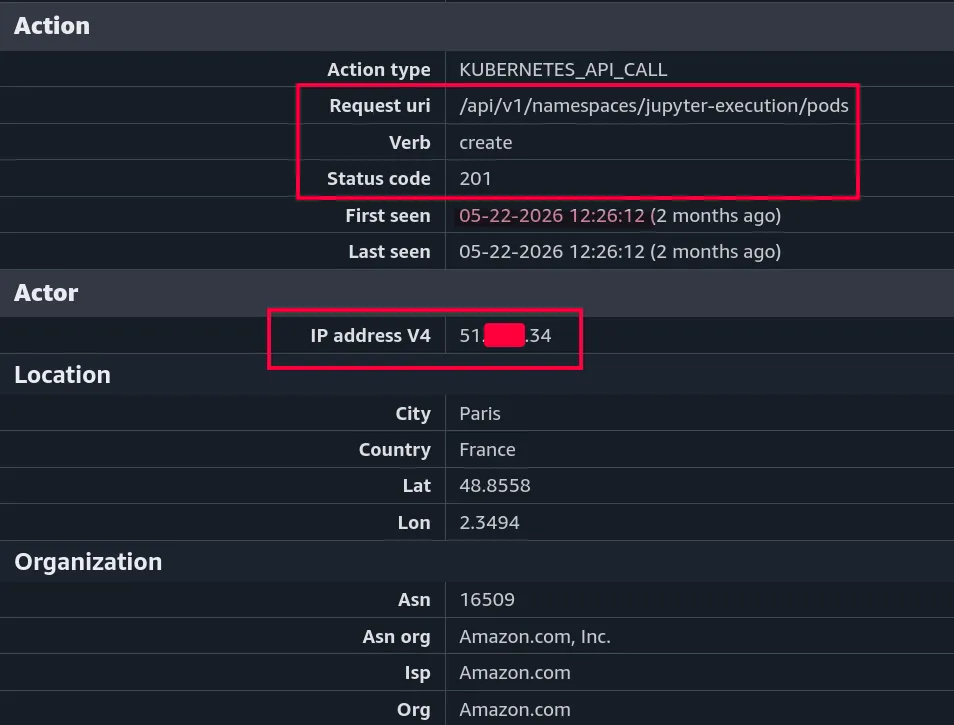Source de l'action API dans un finding GuardDuty