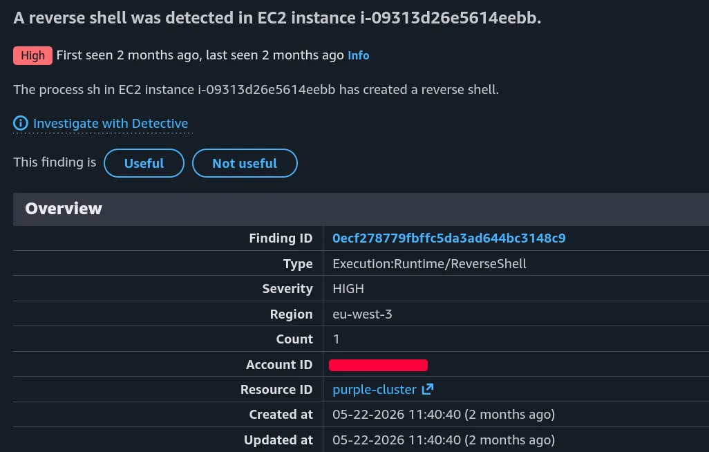 Un reverse shell a été détecté dans l'instance de node