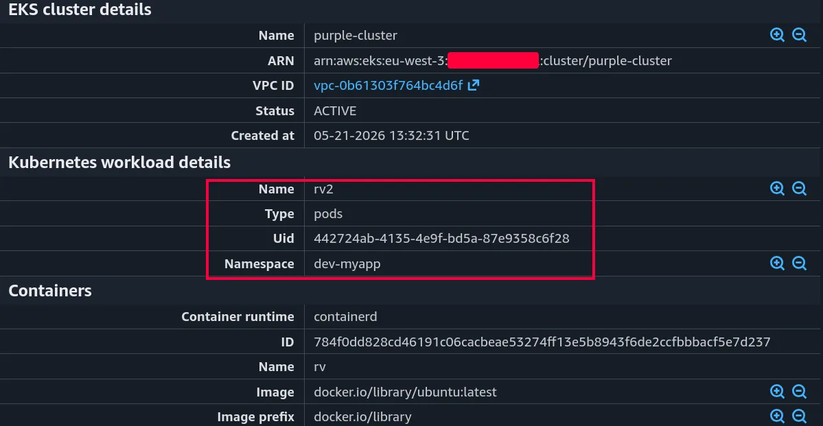 Le Runtime Monitoring d'EKS Protection donne des informations sur le pod affecté
