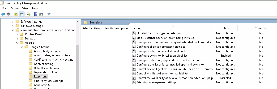 Chrome administrative template