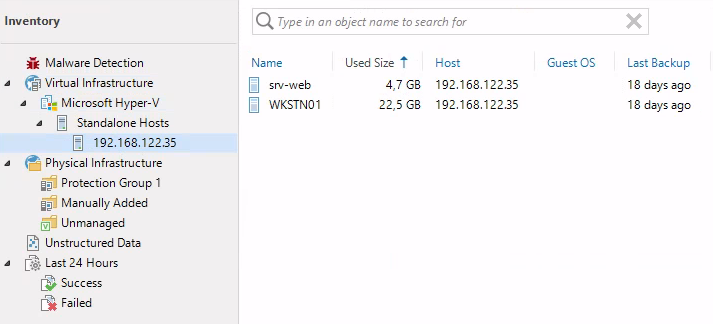 The "Inventory" menu of Veeam Backup and Replication showing the following hierarchy: Virtual Infrastructure, Microsoft Hyper-V, Standalone Hosts. The Hyper-V host is selected and the virtual machines inside it are listed.