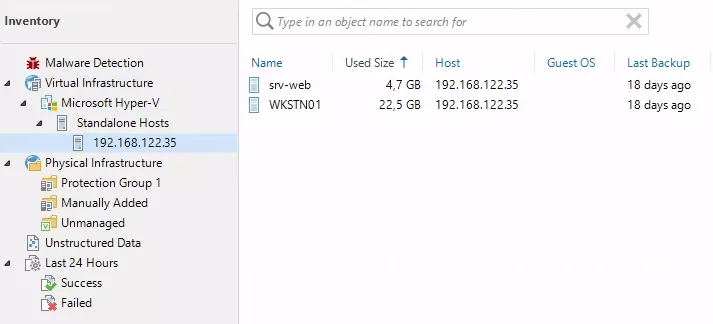 The "Inventory" menu of Veeam Backup and Replication showing the following hierarchy: Virtual Infrastructure, Microsoft Hyper-V, Standalone Hosts. The Hyper-V host is selected and the virtual machines inside it are listed.