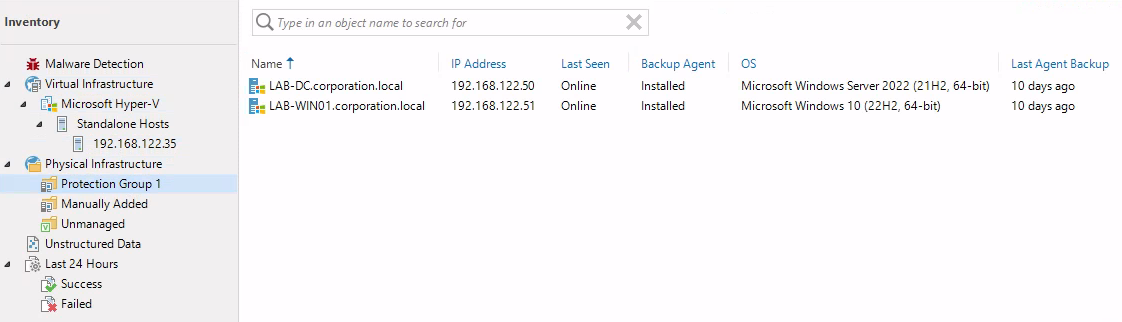 The "Inventory" menu of Veeam Backup and Replication showing the following hierarchy: Physical Infrastructure, Protection Group 1. Protection Group 1 is selected and the computers inside it are listed.