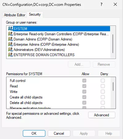 Permissions configuration partition