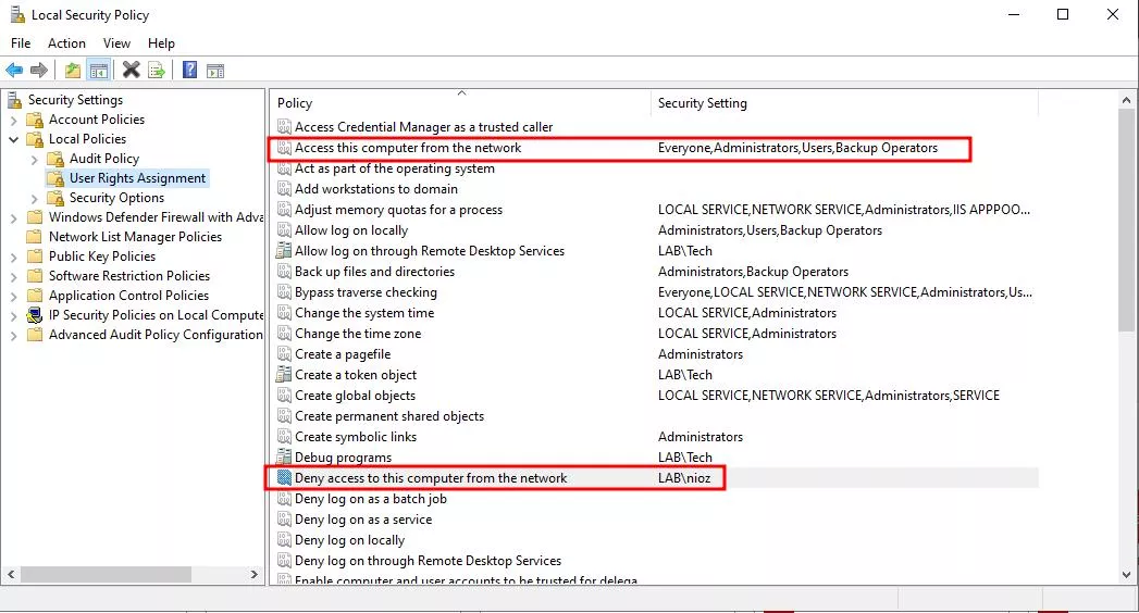 Local Security Policy configured to prevent the user 'nioz' from logging in from the network