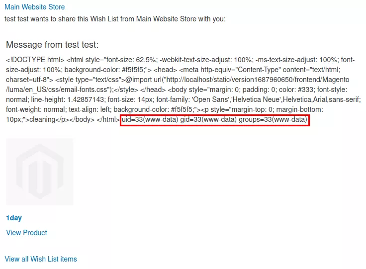 RCE content displayed in email