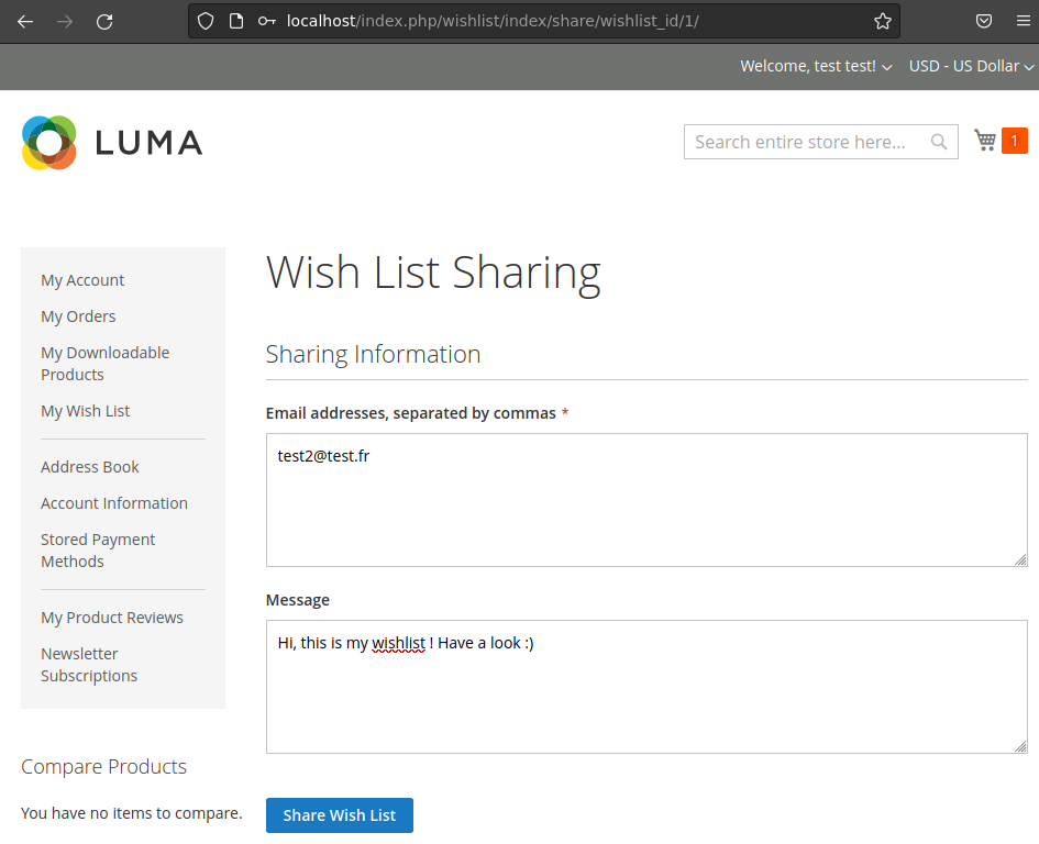 Wish List Sharing in the Magento customer dashboard