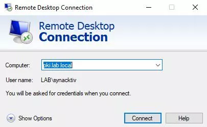 RDP window to connect to PKI.LAB.LOCAL
