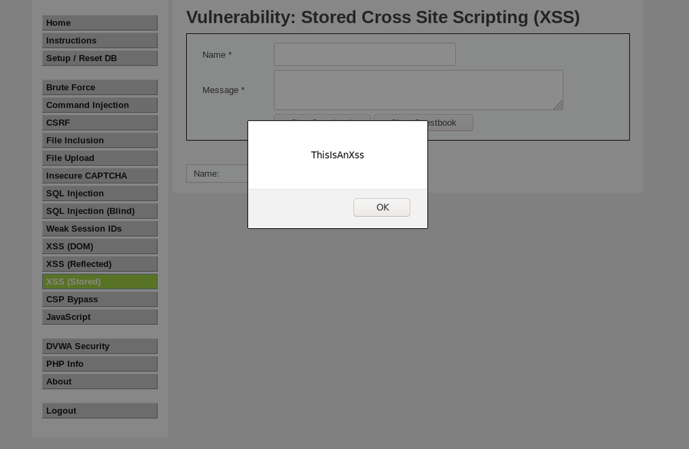 Screenshot of a successful exploitation of an XSS in DVWA protectec by Naxsi.