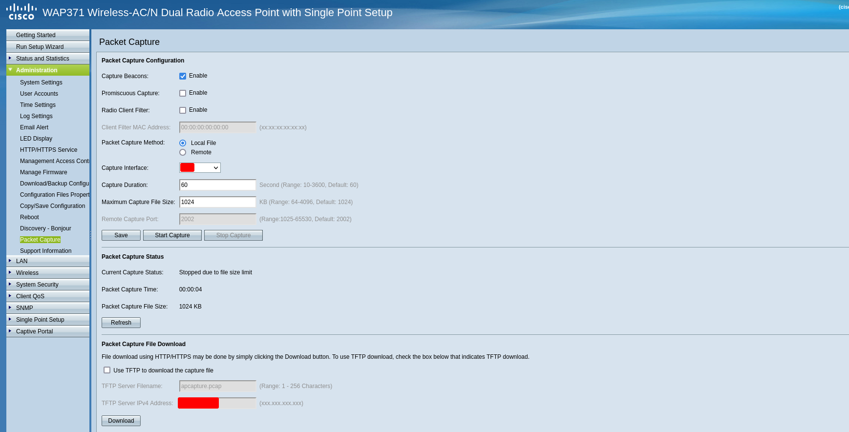 Packet Capture web interface