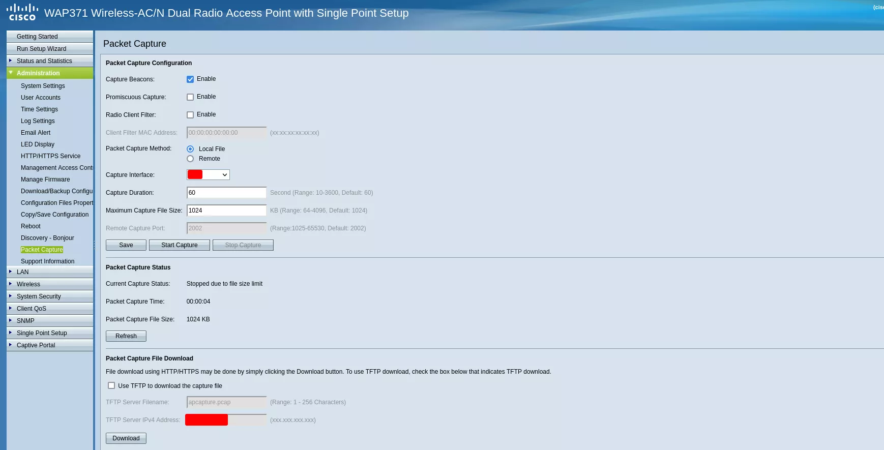 Packet Capture web interface
