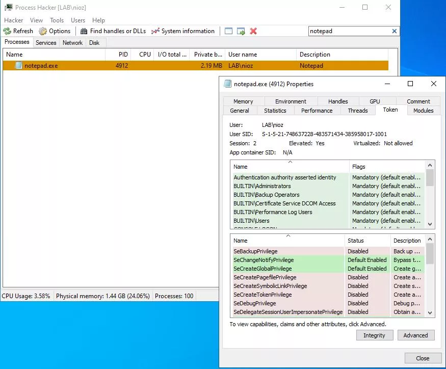 Vue d'un access token via Process Hacker