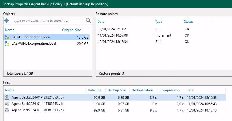 Properties of the Agent Backup Policy. Shows that there are 3 Restore Points, the first is a Full backup, then an Increment, then another Full backup.