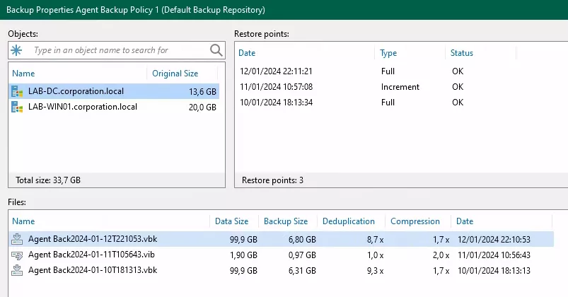 Properties of the Agent Backup Policy. Shows that there are 3 Restore Points, the first is a Full backup, then an Increment, then another Full backup.
