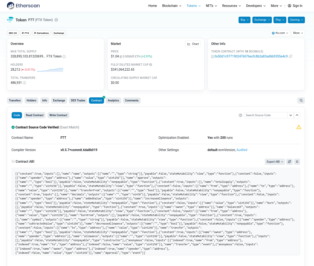 FTT Token on etherscan