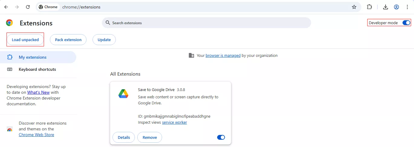 Unpacked extension upload