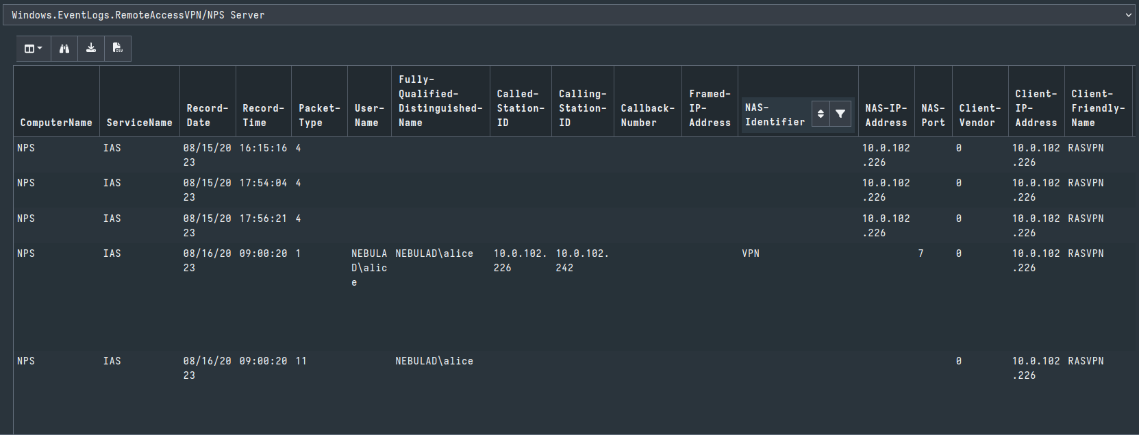 Velociraptor artifact RemoteAccessVPN VPN server results