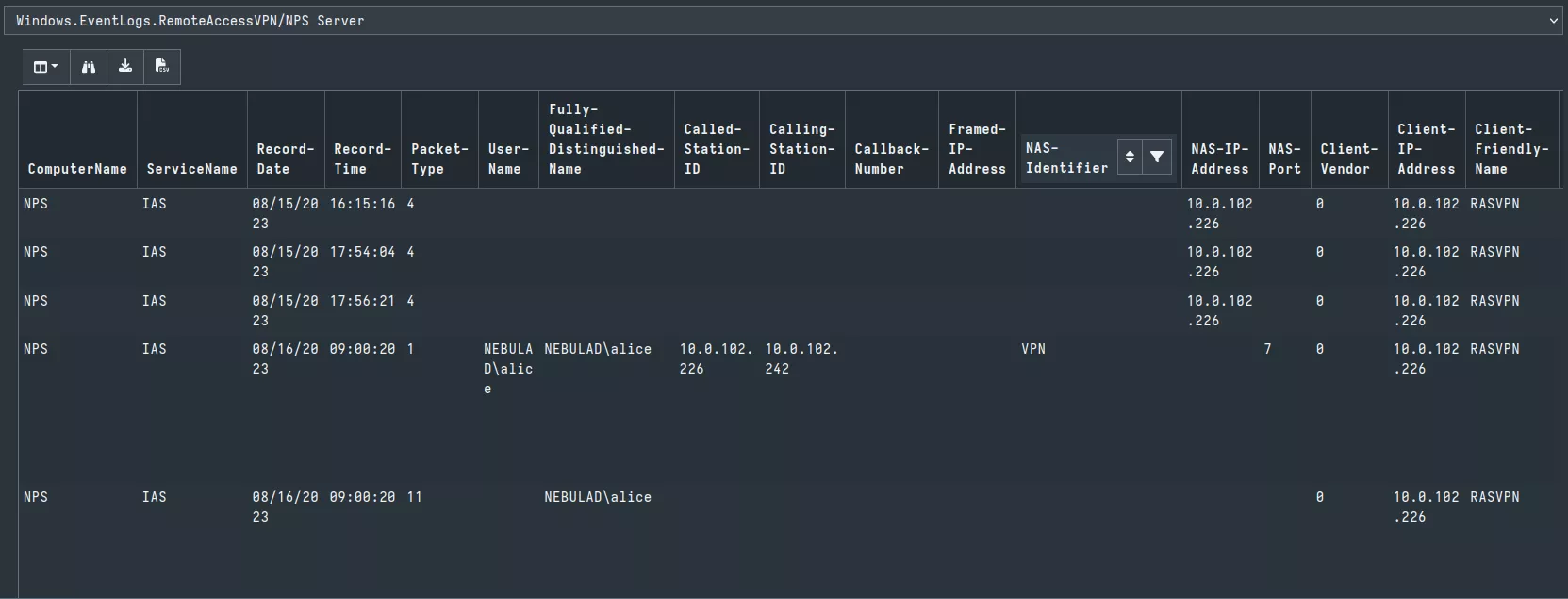 Velociraptor artifact RemoteAccessVPN VPN server results