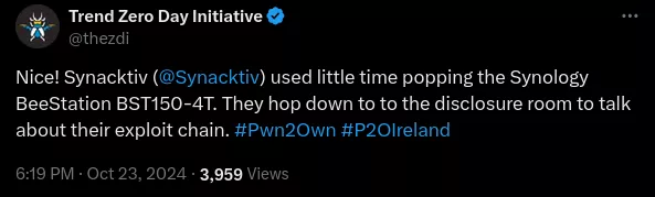 Tweet from ZDI for Pwn2Own Ireland 2024 about the win on the BeeStation